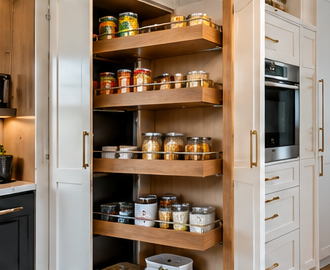 Tall pull-out pantry cabinet with organized shelves and jars