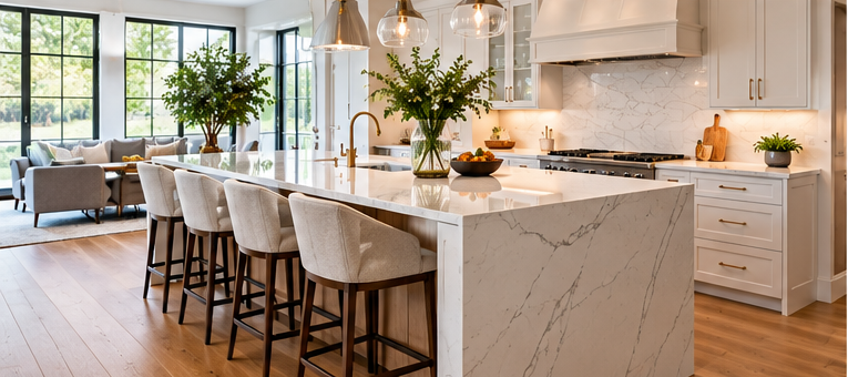Open-plan kitchen with spacious marble island and seating