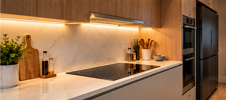 Modern induction cooktop beneath warm under-cabinet LED lighting
