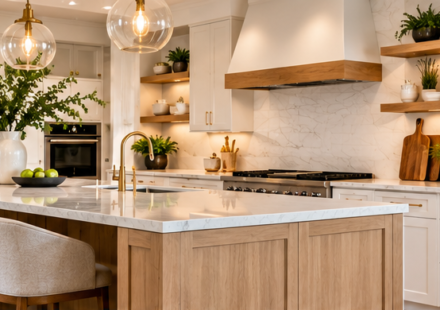 Bright modern kitchen with white cabinetry, marble island and pendant lights
