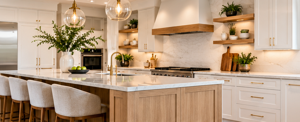 Bright modern kitchen with white cabinetry, marble island and pendant lights