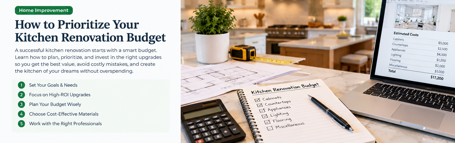 Kitchen renovation budget planning with cost estimates, calculator, notebook and prioritized improvements