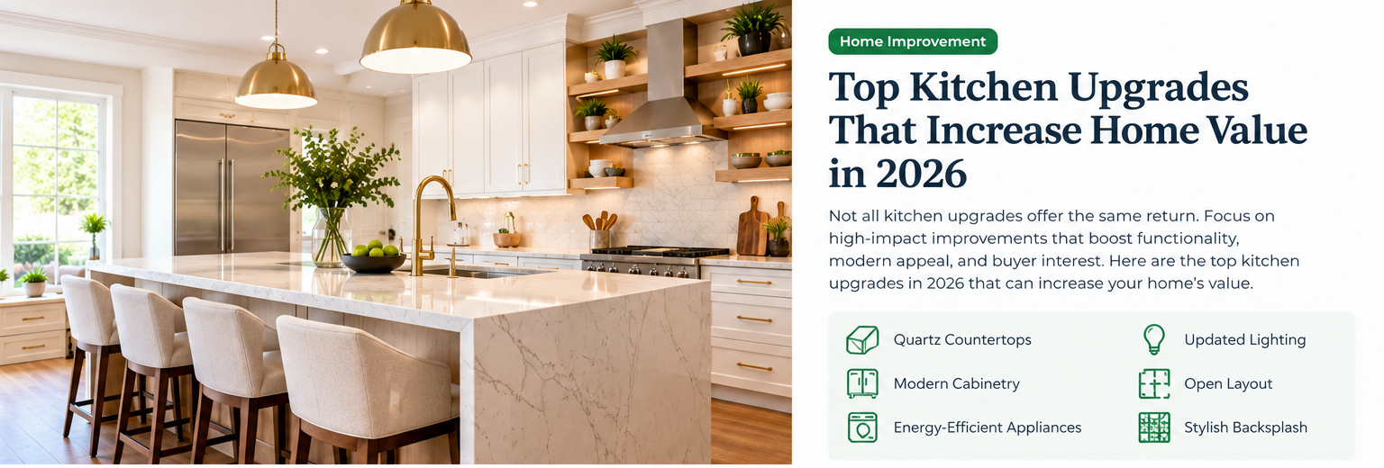 2026 kitchen upgrades infographic showing quartz countertops, modern cabinetry, efficient appliances, lighting and open layout
