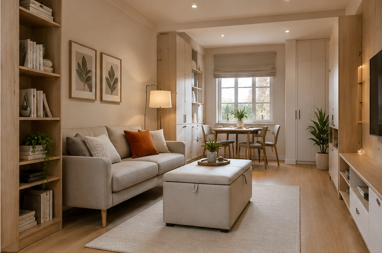 Compact living room with storage ottoman and vertical shelves to make a small home feel bigger